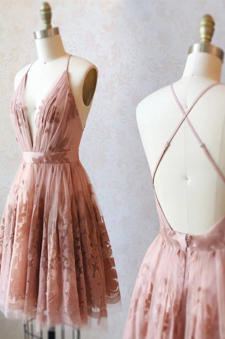 Spaghetti Straps Short Pink Homecoming Dress Criss Cross Back PDO75