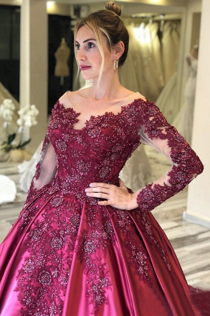 Long Sleeves Lace Appliques Burgundy Court Train Ball Gown Prom Dresses PDS8