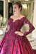 Long Sleeves Lace Appliques Burgundy Court Train Ball Gown Prom Dresses PDS8