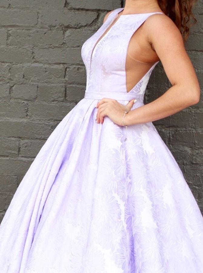 A-Line Floor-Length Lilac Printed Prom Dress, Simple Long Evening Dresses PDJ12