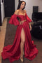 A-Line Off the Shoulder Red Split Front Long Prom Dress with Belt Sleeves PDH8