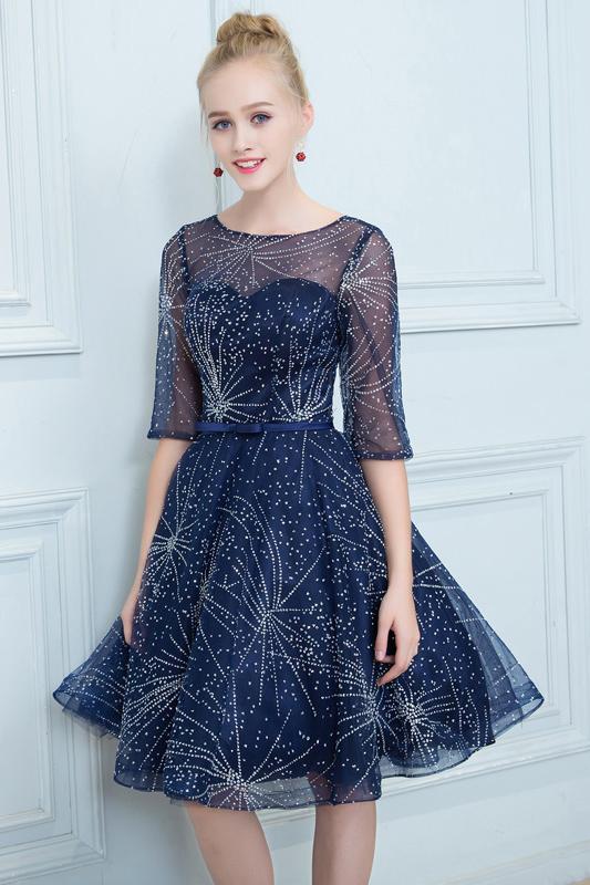 A Line Dark Blue Homecoming Dresses, Short Half Sleeves Prom Dress PDN64