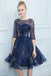 A Line Dark Blue Homecoming Dresses, Short Half Sleeves Prom Dress PDN64