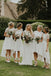 A-Line Short Sleeves Hi-Low Off White Satin Bridesmaid Dress with Lace PDR88