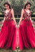 Unique Red V Neck Tulle Appliques Prom Dresses, Long Party Gowns PDH15