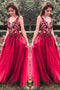 Unique Red V Neck Tulle Appliques Prom Dresses, Long Party Gowns PDH15