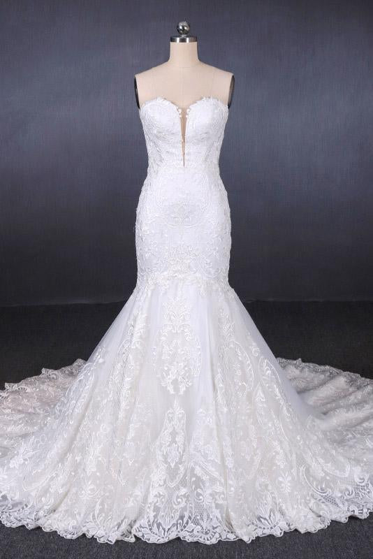 Sweetheart Mermaid Lace Appliques Button Back Long Wedding Dress PDQ29