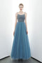 A-line Spaghetti Straps Blue Lace Up Back Beading Tulle Long Prom Dresses PDR84