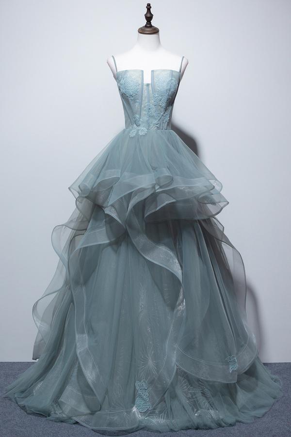 Spaghetti Straps Tulle Long Formal Prom Dresses, A-line Long Evening Dress