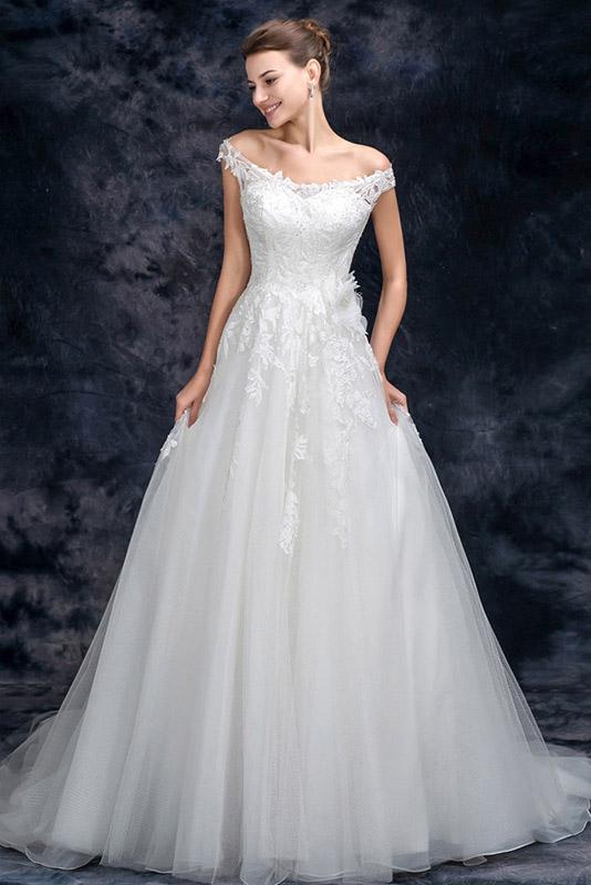 A Line Off the Shoulder Appliques Tulle Long Wedding Dress, Bridal Dresses PDQ26