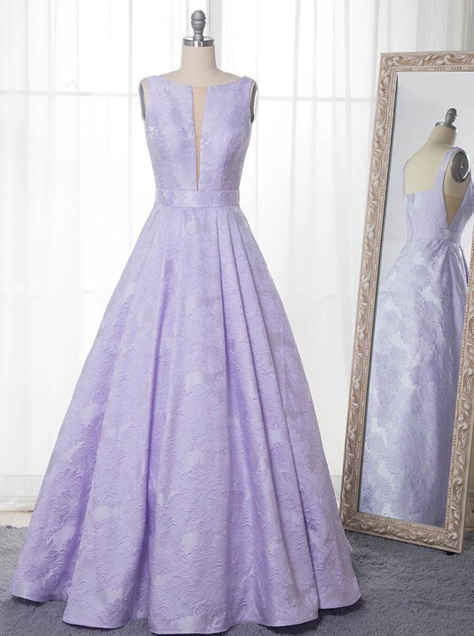 A-Line Floor-Length Lilac Printed Prom Dress, Simple Long Evening Dresses PDJ12