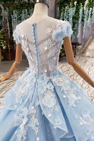 Princess Light Sky Blue Prom Dress with Flowers, Ball Gown Quinceanera Dress PDP50