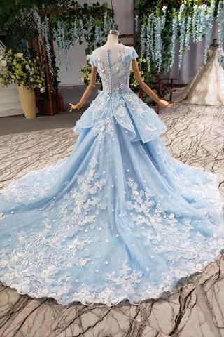 Princess Light Sky Blue Prom Dress with Flowers, Ball Gown Quinceanera Dress PDP50