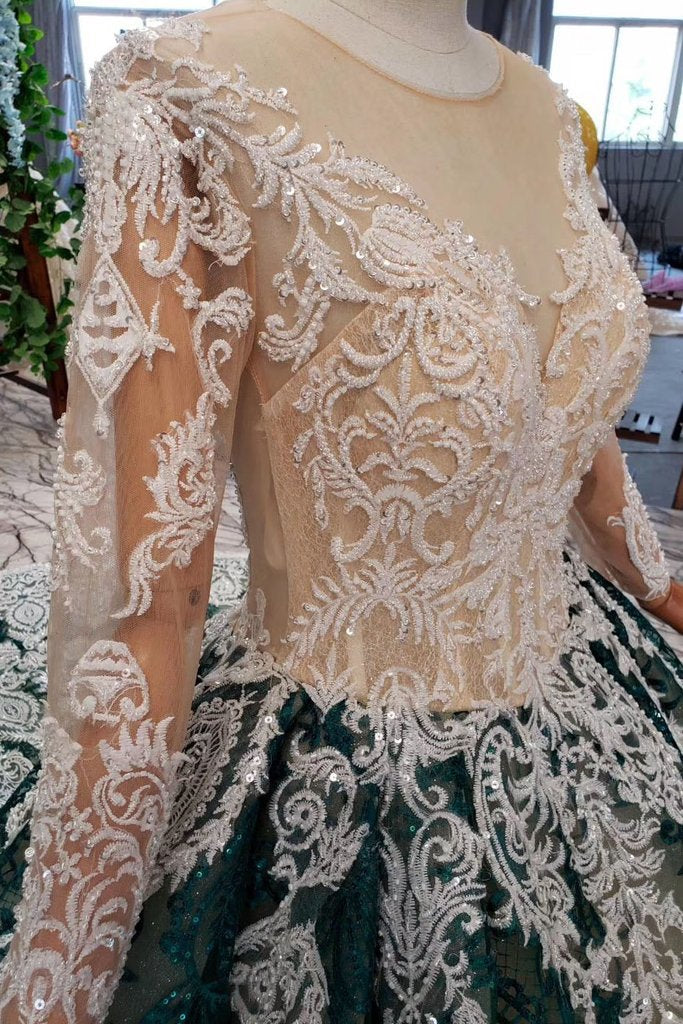 Green Long Sleeves Ball Gown Lace Prom Dress with Appliques, Long Prom Gown PDP51