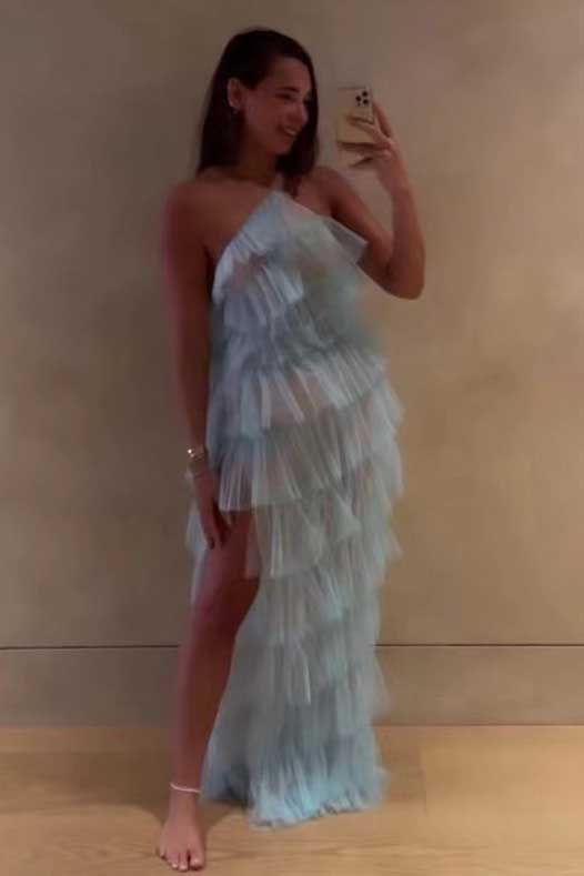 Elegant Halter Tulle Blue Prom Dress With Layers, Long Formal Evening Dresses OM0060