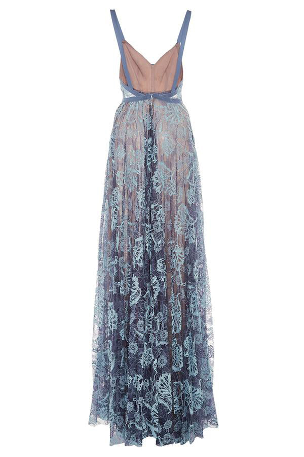 A Line Spaghetti Straps Blue Lace Long Prom Dresses, Elegant Prom Gowns OM0188