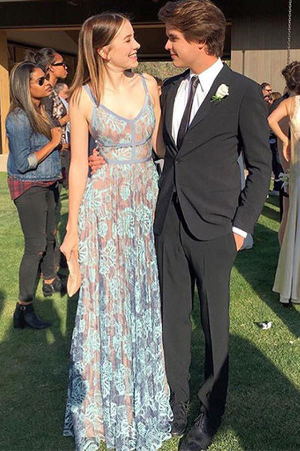 A Line Spaghetti Straps Blue Lace Long Prom Dresses, Elegant Prom Gowns OM0188