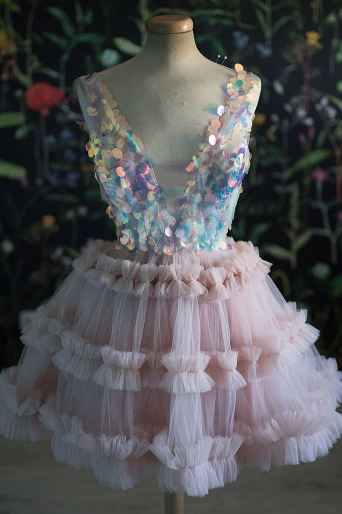 Sequins Bodice Blush Pink Tulle Homecoming Dress V Neck Graduation Dresses OMH0181