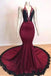 Burgundy Deep V neck Halter Mermaid Prom Dress With Lace Long Evening Dress OM0142