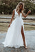 Elegant A line Deep V neck Lace Spaghetti Straps Beach Wedding Dresses with Slit OW0013