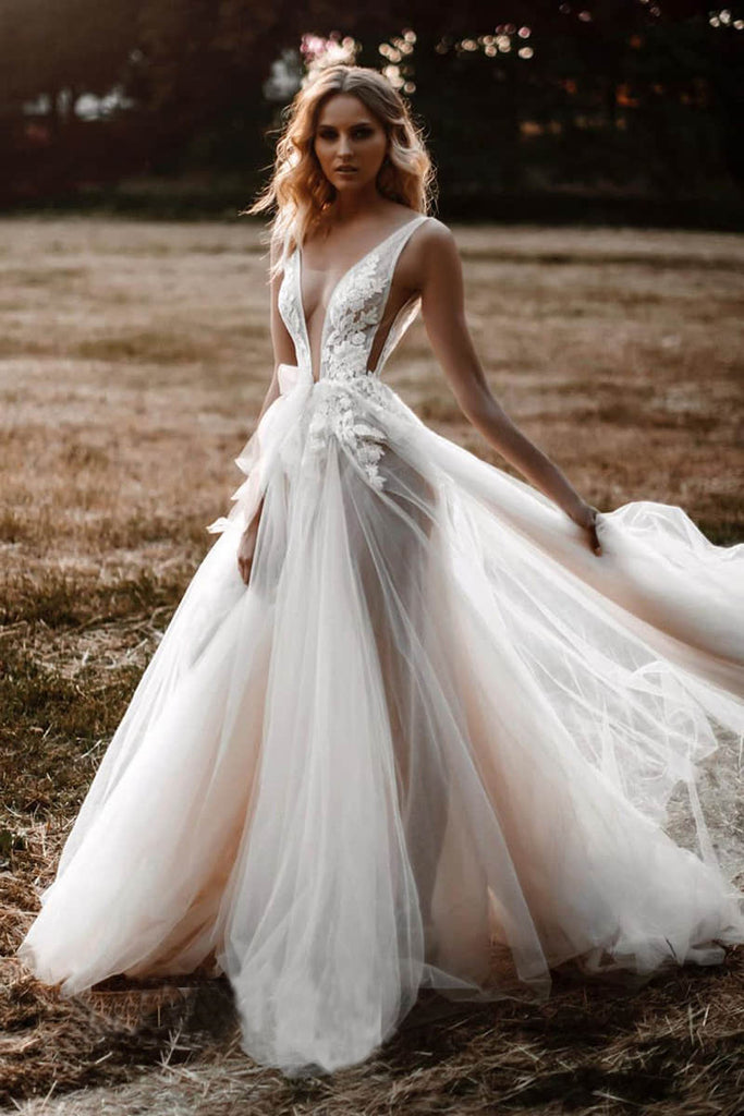 Rustic A Line V Neck Lace Appliques Straps Ivory Wedding Dress Boho Bridal Dresses OW0068