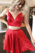 A line Red Two Pieces V Neck Satin Spaghetti Straps Short Prom Dress, Homecoming Dress OMH0132