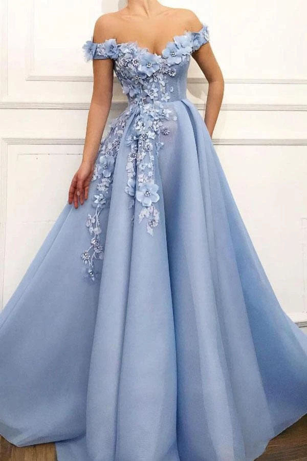 A Line Blue Off the Shoulder Tulle Lace Sweetheart 3D Flowers Prom Dresses,Dance Dress SK02
