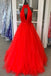 Simple A Line Red Halter Ruched Long Prom Dresses V Neck Tulle Evening Dresses SK49