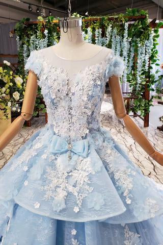 Princess Light Sky Blue Prom Dress with Flowers, Ball Gown Quinceanera Dress PDP50