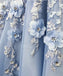 A Line Blue Off the Shoulder Tulle Lace Sweetheart 3D Flowers Prom Dresses,Dance Dress SK02