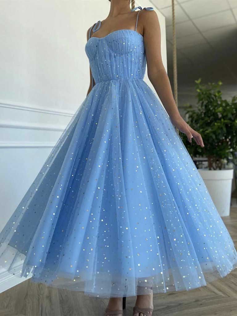 Newest Spaghetti Straps A-line Blue Sequin Tulle Pleated Prom Dresses OM0058