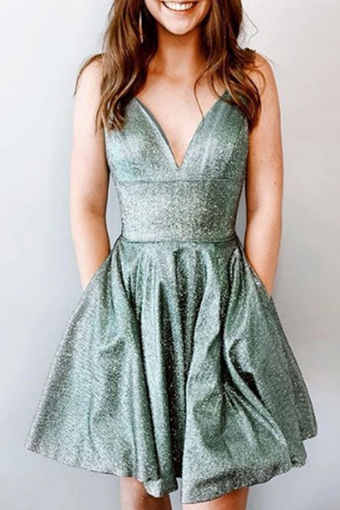 Sparkly Spaghetti V Neck Short Prom Homecoming Dresses, Sweet 16 Cocktail Dresses SK43