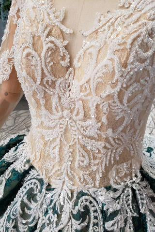 Green Long Sleeves Ball Gown Lace Prom Dress with Appliques, Long Prom Gown PDP51
