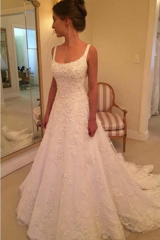 Elegant A Line Appliques Scoop Long Wedding Dresses PDE93