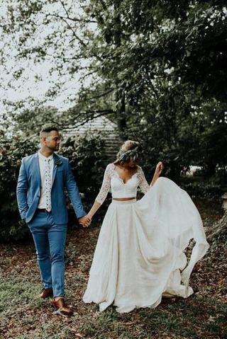 Boho Ivory Chiffon 3/4 Sleeves Two Piece Cheap Wedding Dress PDN88