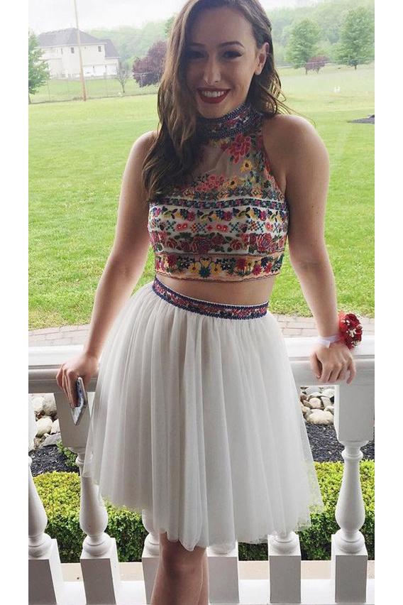 Off White Two Piece Embroidery High Neck Tulle Homecoming Dress PPD27
