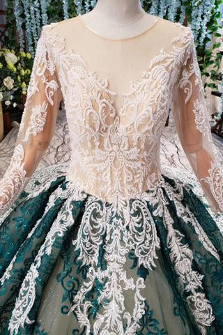 Green Long Sleeves Ball Gown Lace Prom Dress with Appliques, Long Prom Gown PDP51