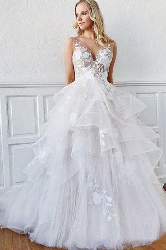 Romantic A-Line V Neck Tiered Appliques Tulle Long Wedding Dresses PPD87