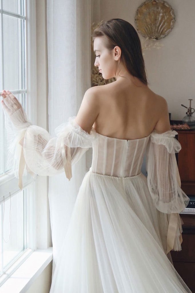 Elegant A line White Chiffon Off the Shoulder Long Sleeves Wedding Dresses with Beads OW0005