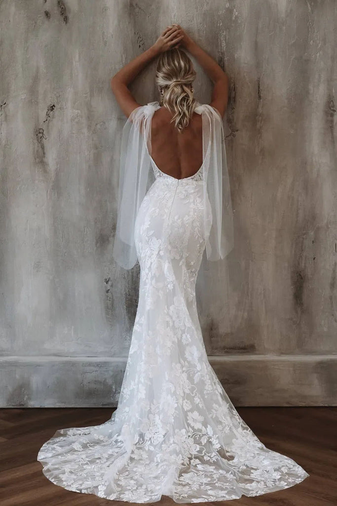 Elegant Mermaid Lace V Neck Wedding Dresses, Backless Lace Wegging Gowns OW0087