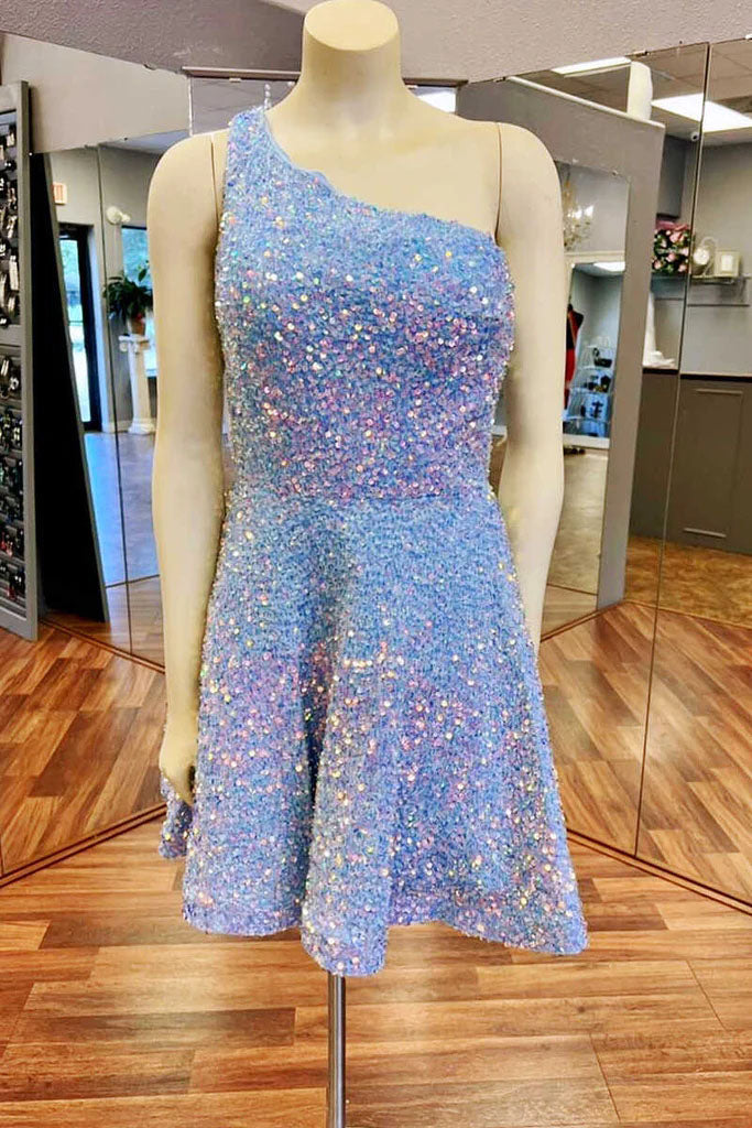 Sparkly A Line Sequined White One Shoulder Homecoming Dress, Short Prom Dress OMH0213