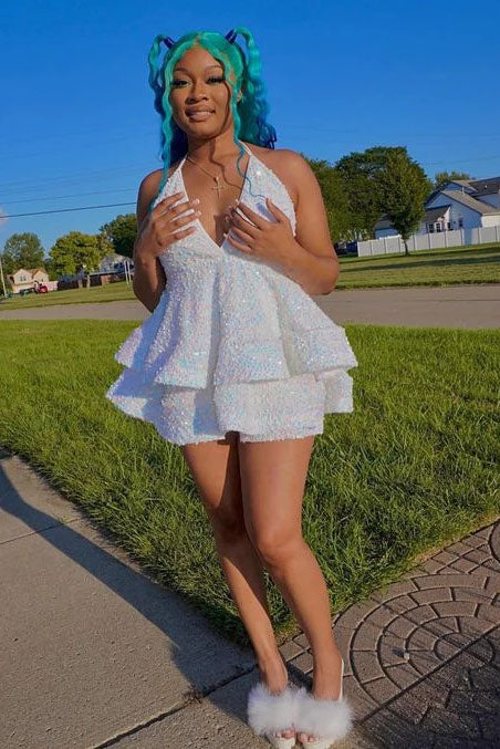 Sparkly A line Pink Sequins Halter V Neck Homecoming Dresses, Sweet 16 Dresses OMH0242