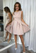 Simple A line Satin Straps Round Neck Short Prom Dresses, Mini Homecoming Dresses OMH0036