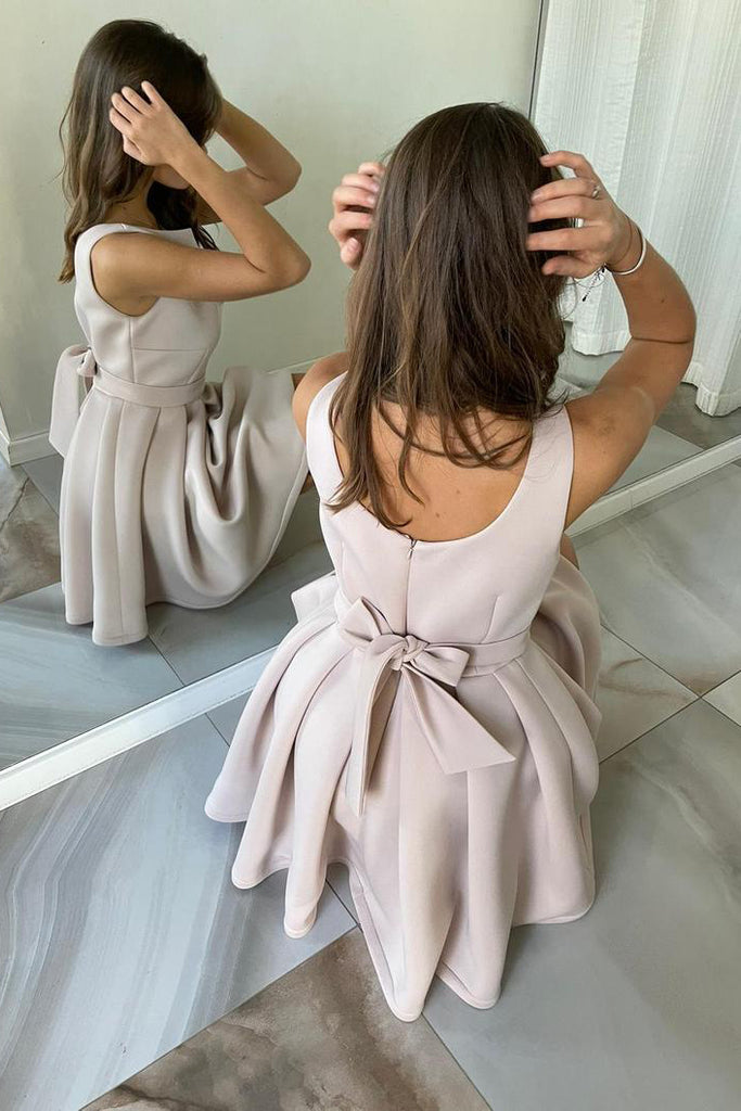 Simple A line Satin Straps Round Neck Short Prom Dresses, Mini Homecoming Dresses OMH0036