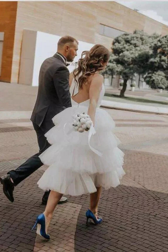 Affordable A line White Tiered High Neck Beach Wedding Dresses, Short Homecoming Dress OW0060