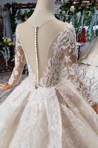 Princess Long Sleeves Ball Gown Lace Wedding Dresses, Long Bridal Dress PDN43