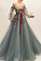 Gorgeous Off the Shoulder V Neck Tulle Long Sleeves Prom Dresses with Appliques OM0045