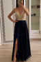A Line Chiffon Long V Neck Beading Split Prom Dresses PDI78