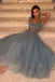 A Line Spaghetti Straps Tea Length Dusty Blue Tulle Prom Dress PDS69