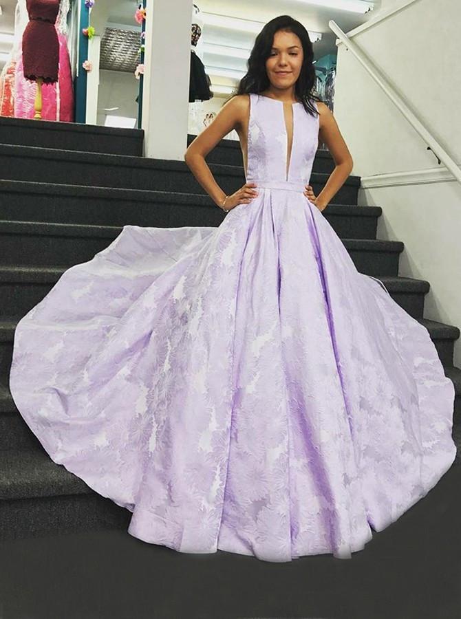 A-Line Floor-Length Lilac Printed Prom Dress, Simple Long Evening Dresses PDJ12